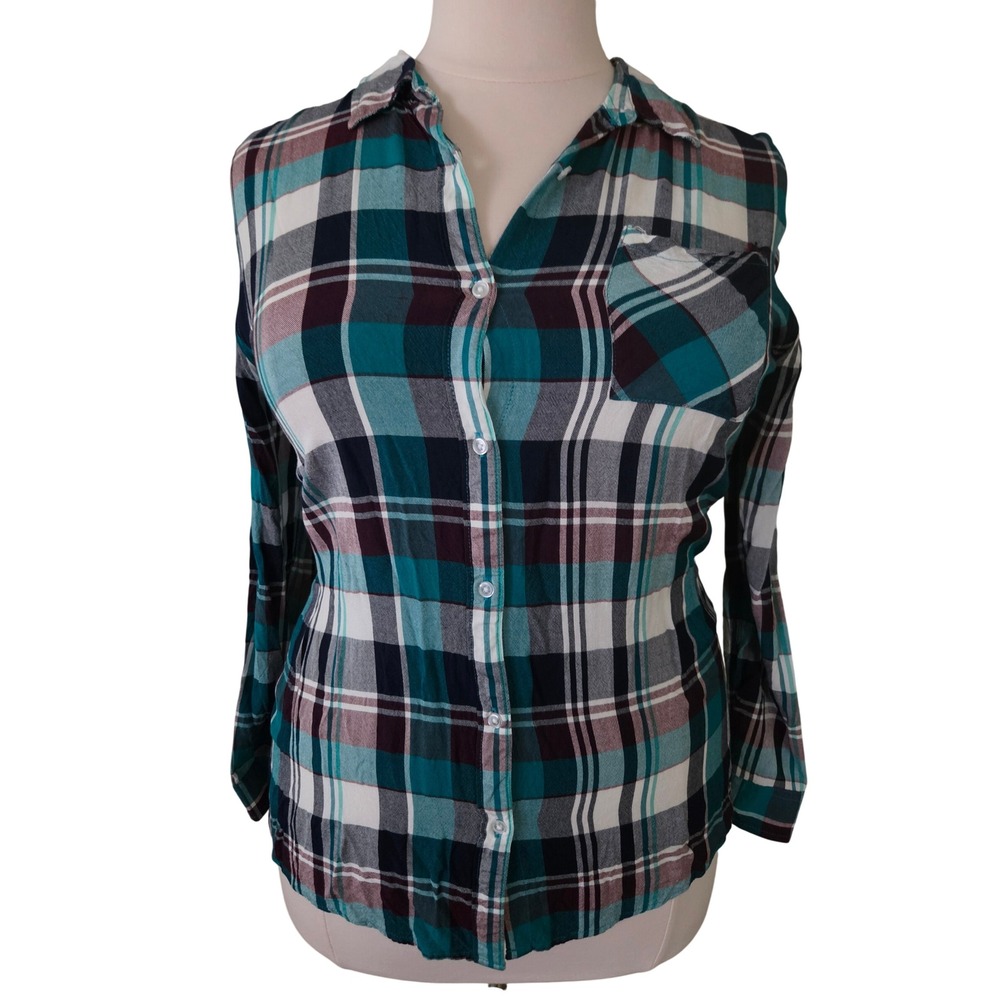 Cato Womens XL Teal Burgundy Plaid Button Down Shirt Rayon Long Sleeve Top
